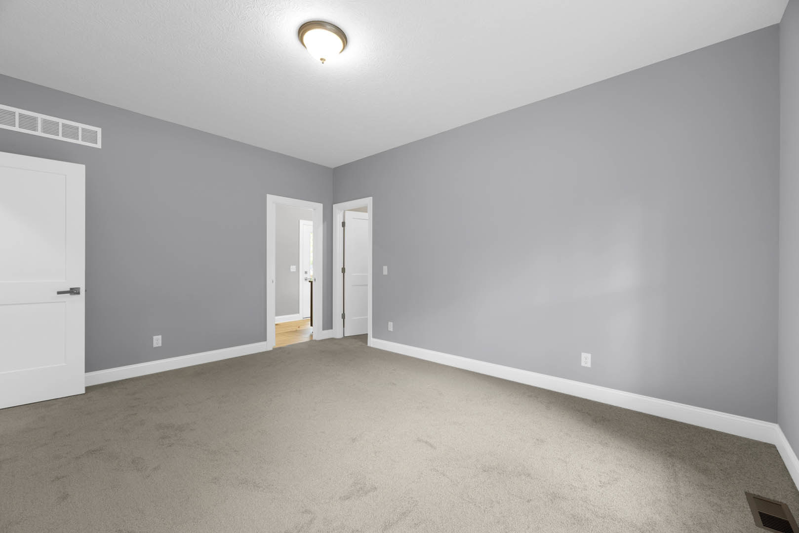 Carpeted room with white plaster walls, ceiling-mounted light fixture, open white door with silver handle, and visible light switch.