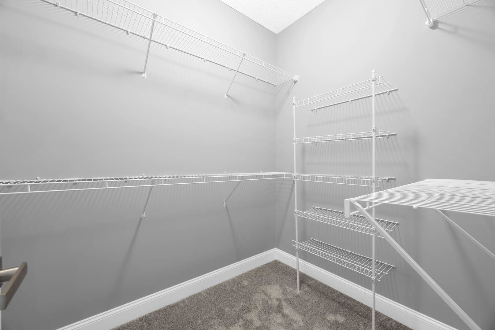 Built-in white shelves against a light-colored wall in a carpeted room, with metal bar detail visible.