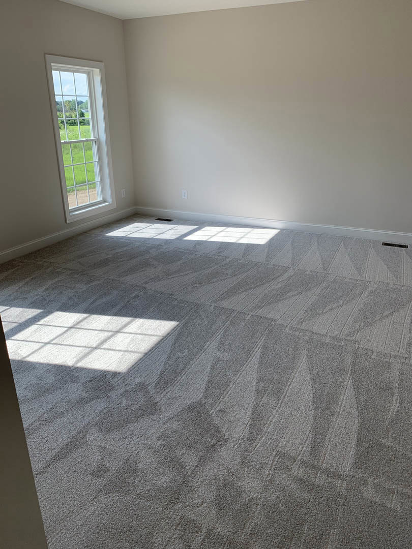 Carpeted room with white walls, large window overlooking grassy field, smooth plaster ceiling
