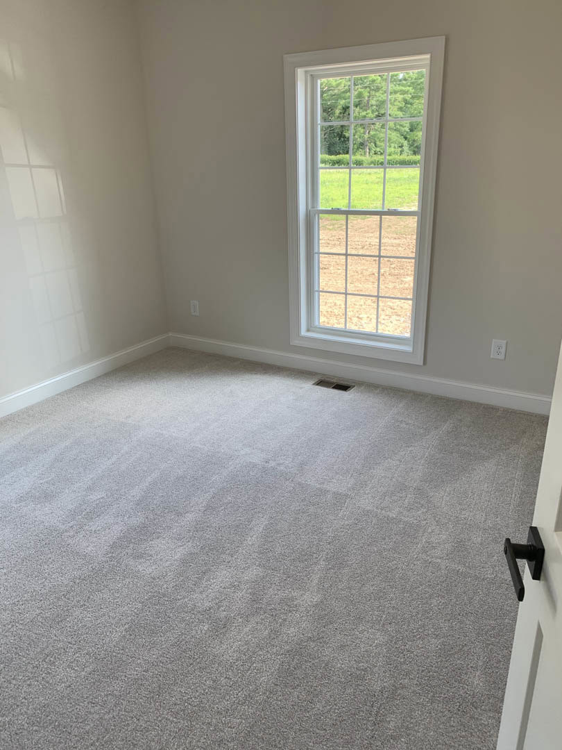 Sunlit room with white walls, beige carpet flooring, large window overlooking grassy field, black window handle visible