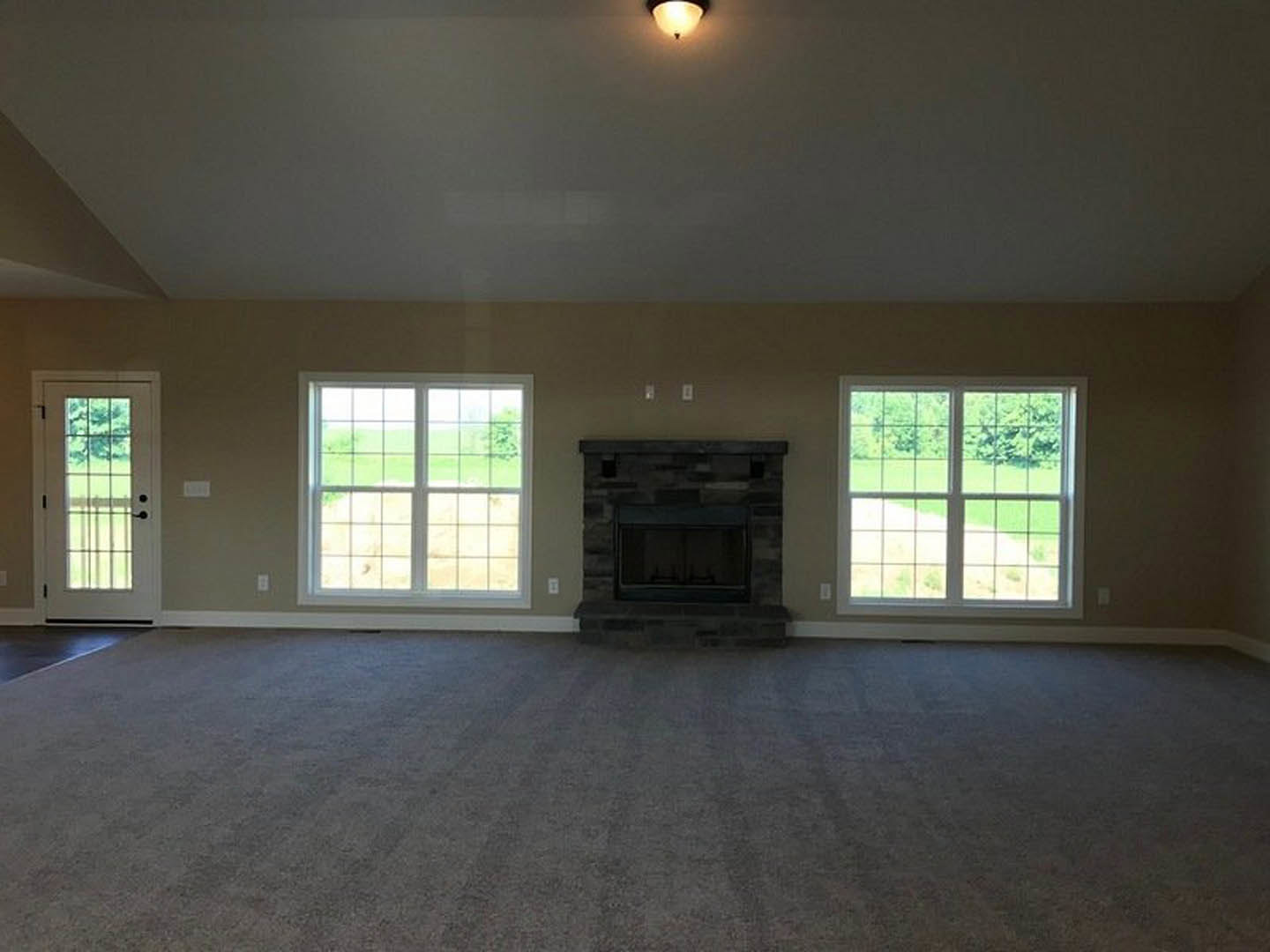 Spacious living room featuring a glass-front fireplace, grey carpeted floor, large windows overlooking grassy field and trees, illuminated ceiling light fixture, black accent