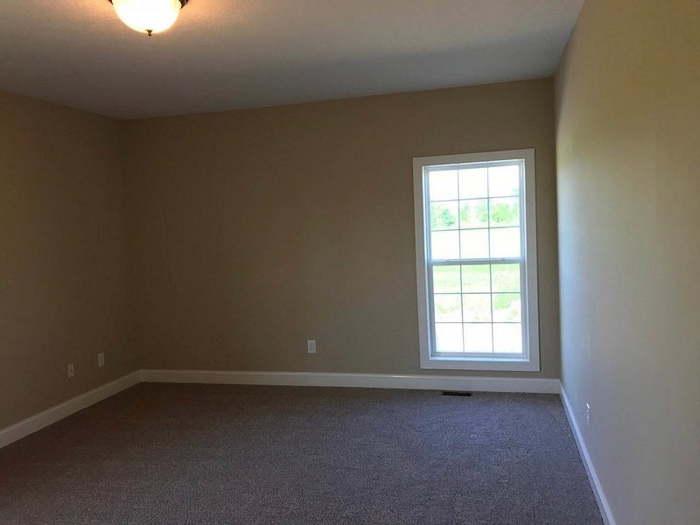 Carpeted room with white walls, large multi-pane window, ceiling light fixture, and decorative crown molding