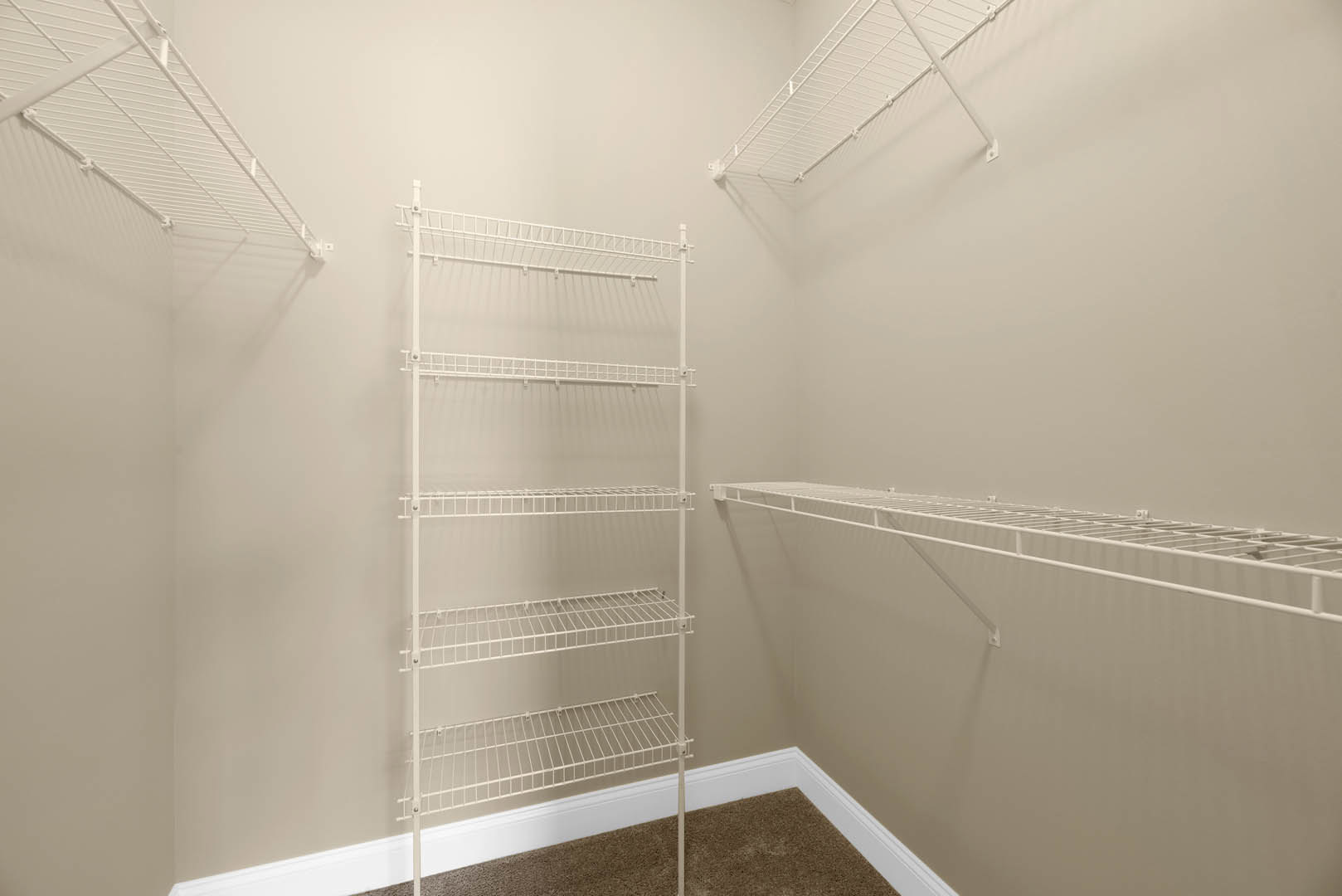 Carpeted room with white built-in shelves mounted on plaster wall, metal rods supporting shelving, neutral ceiling and floor finishes