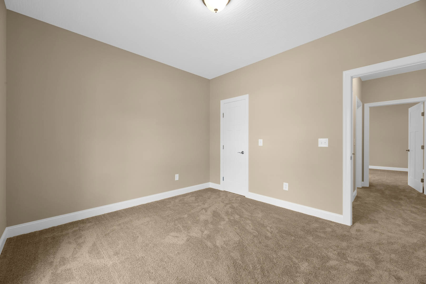 Carpeted room with beige walls, white door featuring silver handle, ceiling light fixture, and white crown molding