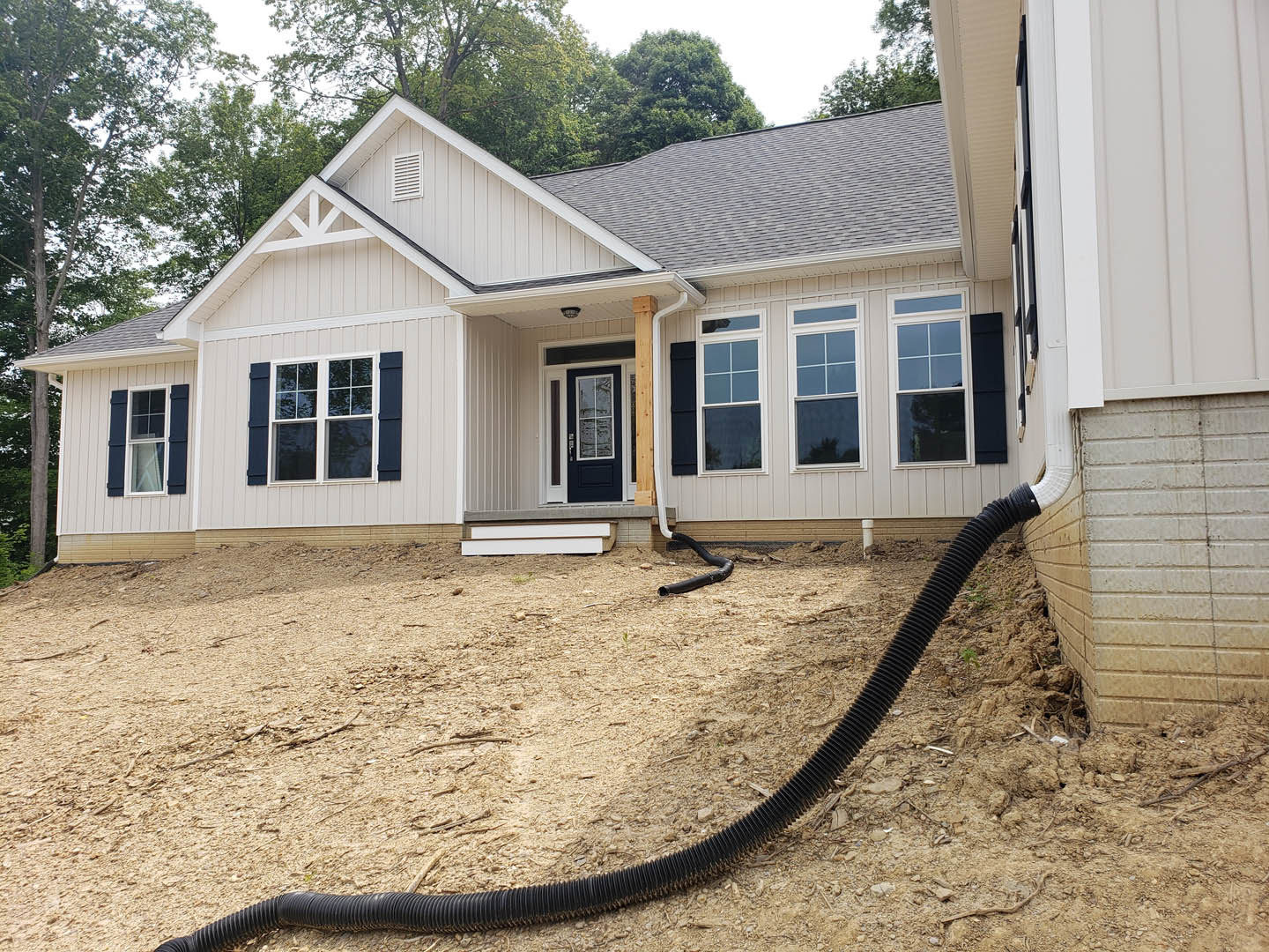 White siding cottage with blue and black doors, white-framed window, black hose extending across ground, tree in background