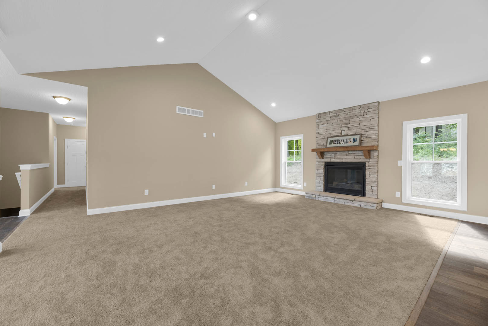 Living room with beige carpet, white-framed window, white door with brown trim, built-in fireplace with glass front, plaster walls, and ceiling light in the corner