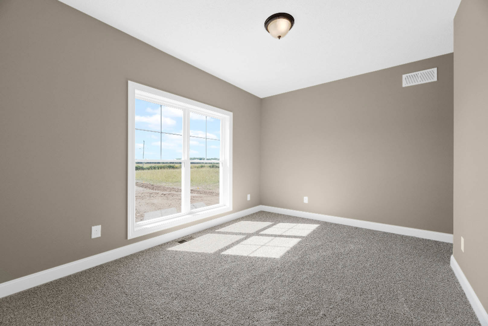 Bedroom with grey carpet featuring white square pattern, large window overlooking grassy field, white wall vent, white tile floor section, and modern ceiling light fixture.