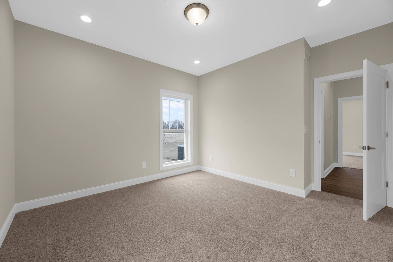 Neutral-toned carpeted room with white walls, large window showing outdoor greenery, ceiling-mounted light fixture, and white door with silver handle