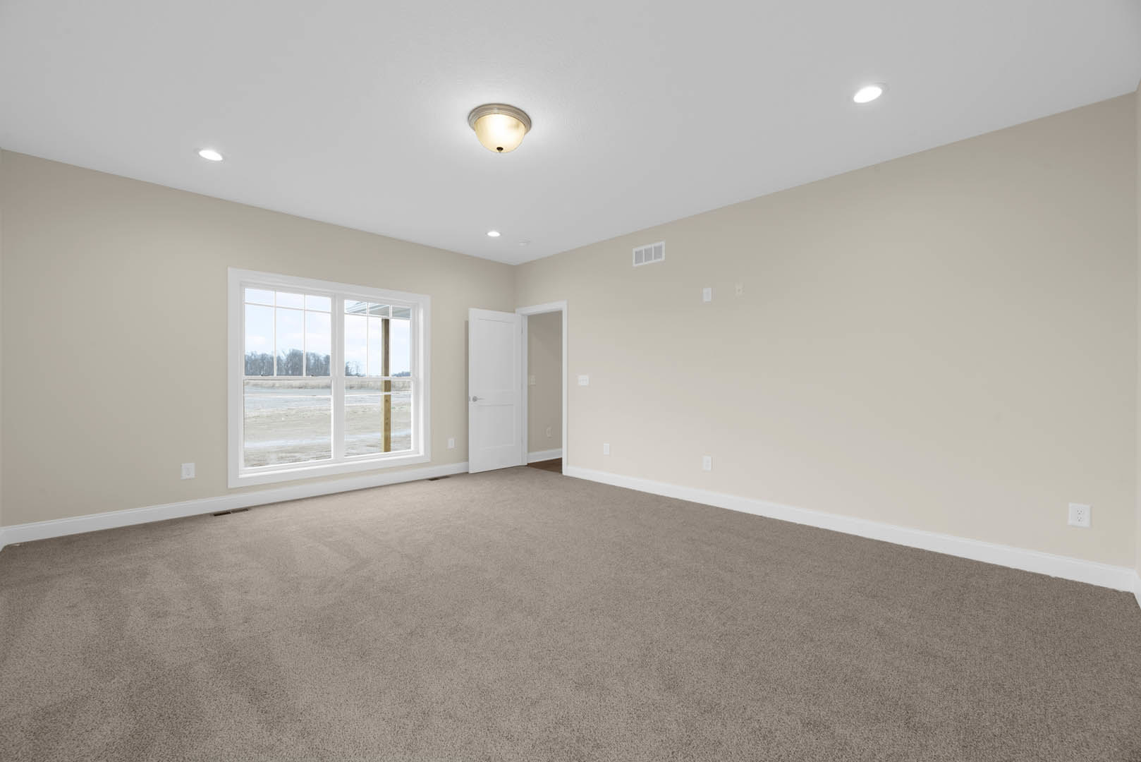 Carpeted room with white door featuring silver handle, large window overlooking grassy field, white walls with molding, ceiling-mounted light fixture