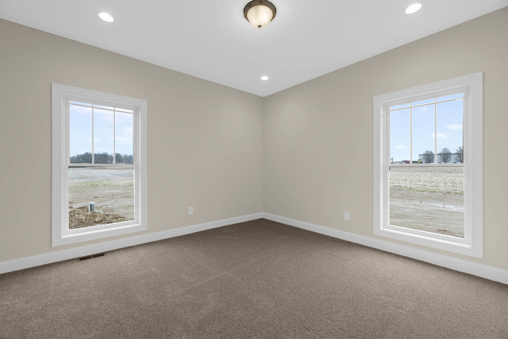 Carpeted room with white trim, multiple windows overlooking a dirt field and farm, ceiling-mounted light fixture, plaster walls, and decorative molding
