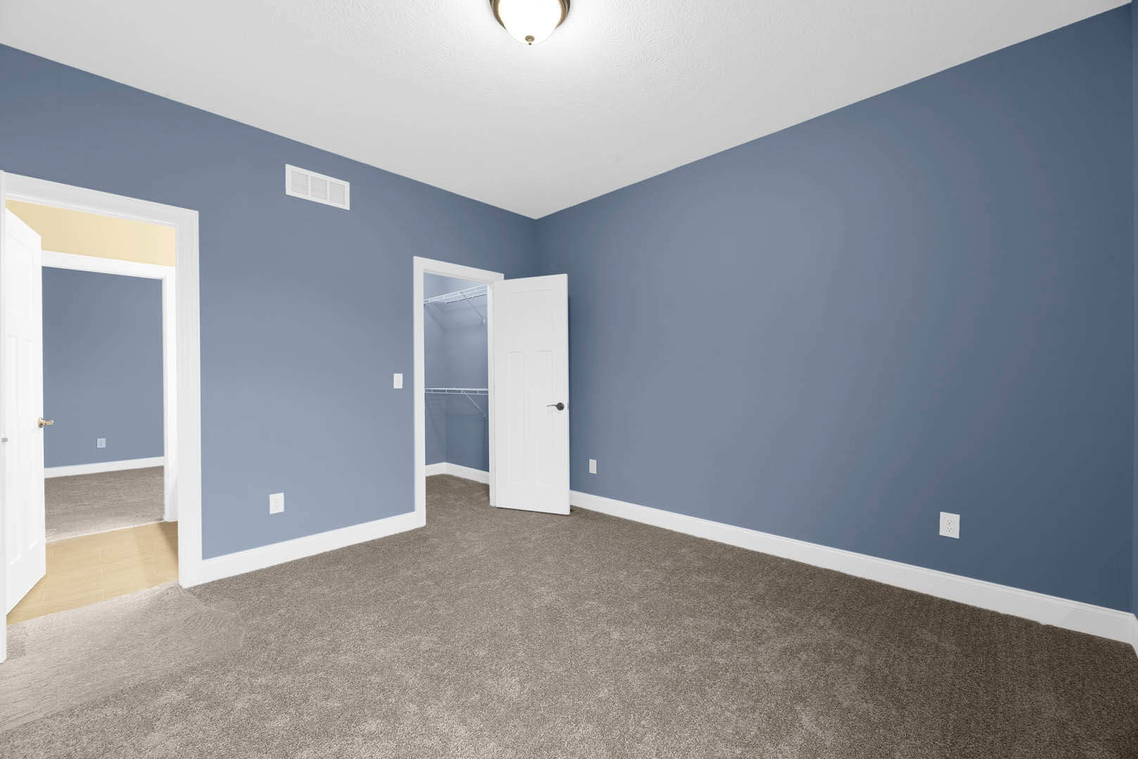 Blue-painted walls with white trim, open white door with black handle, closet visible, light gray carpet flooring, ceiling light fixture, white vent on wall.