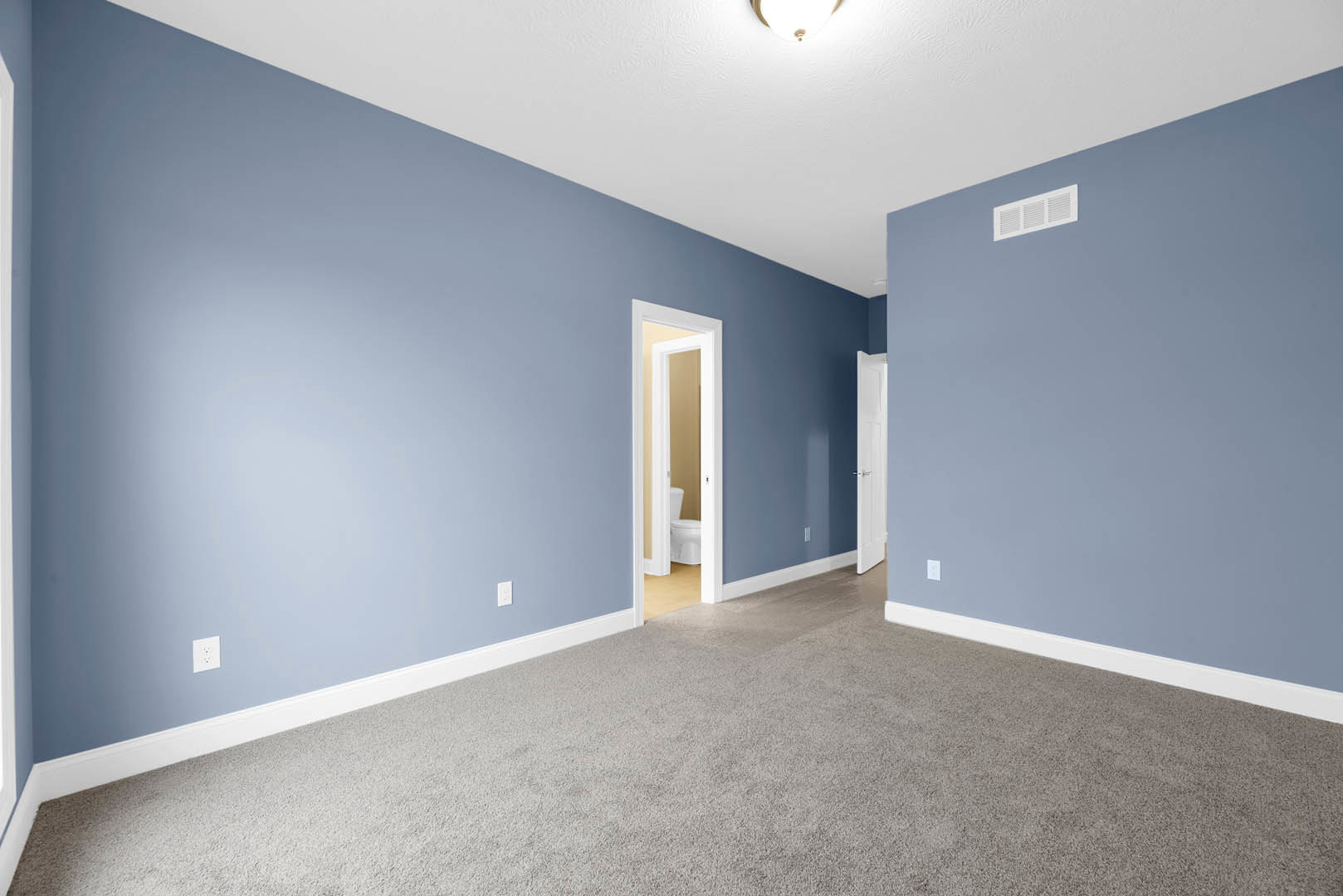 Blue walls with white vent, carpeted floor, white ceiling featuring a flush-mounted light fixture, close-up of white door and baseboard molding