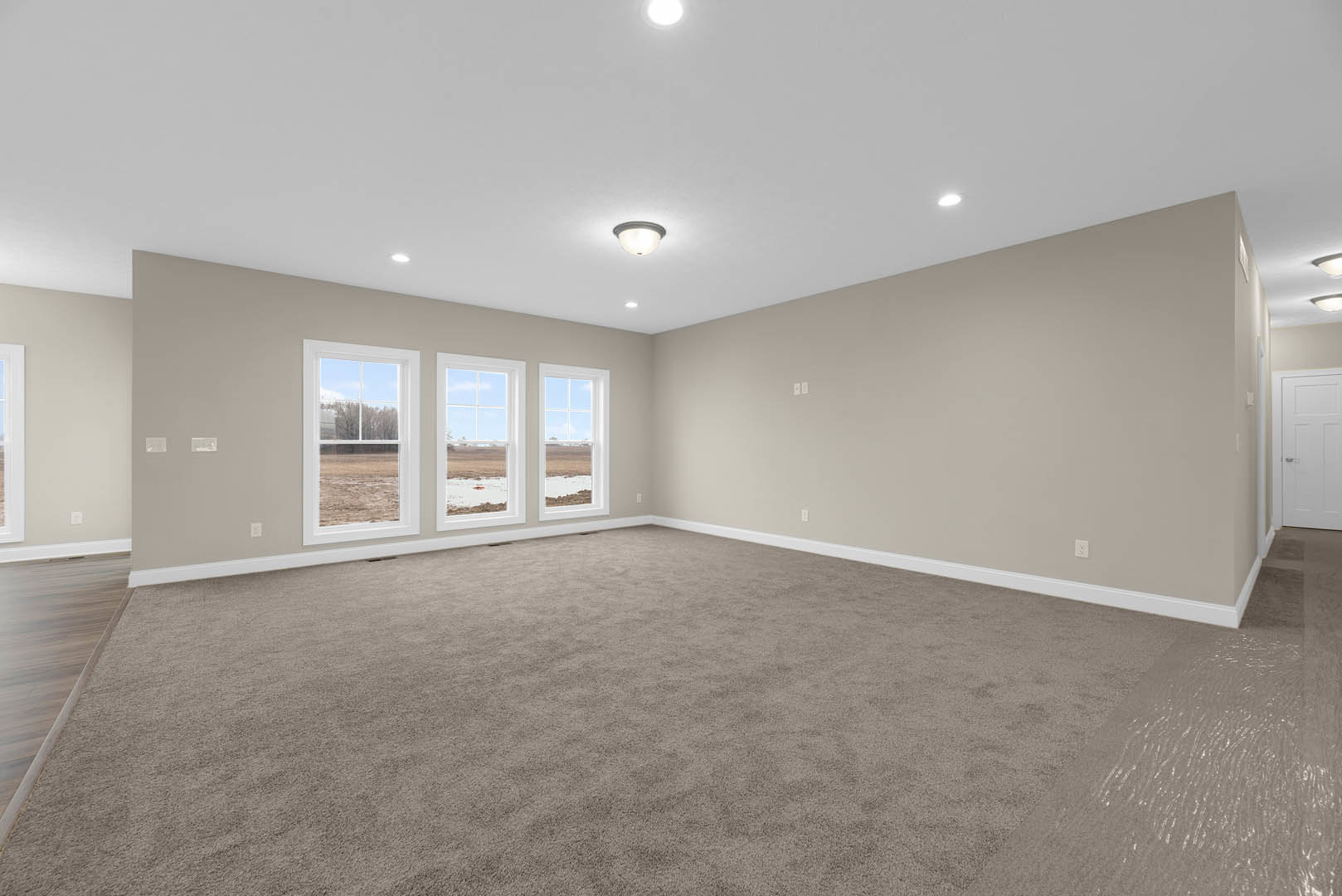 Carpeted room with a row of large windows overlooking a grassy field and trees, white walls, white door with silver handle, smooth ceiling