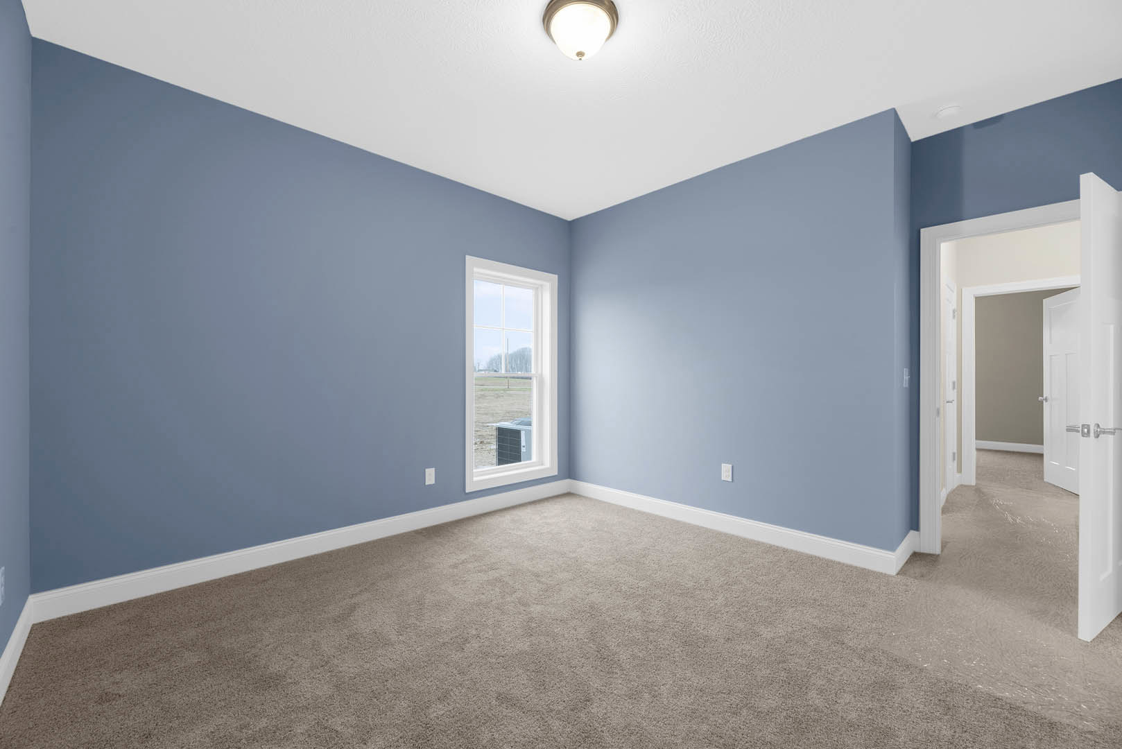 Carpeted room with white walls, large window overlooking grassy field, ceiling-mounted light fixture