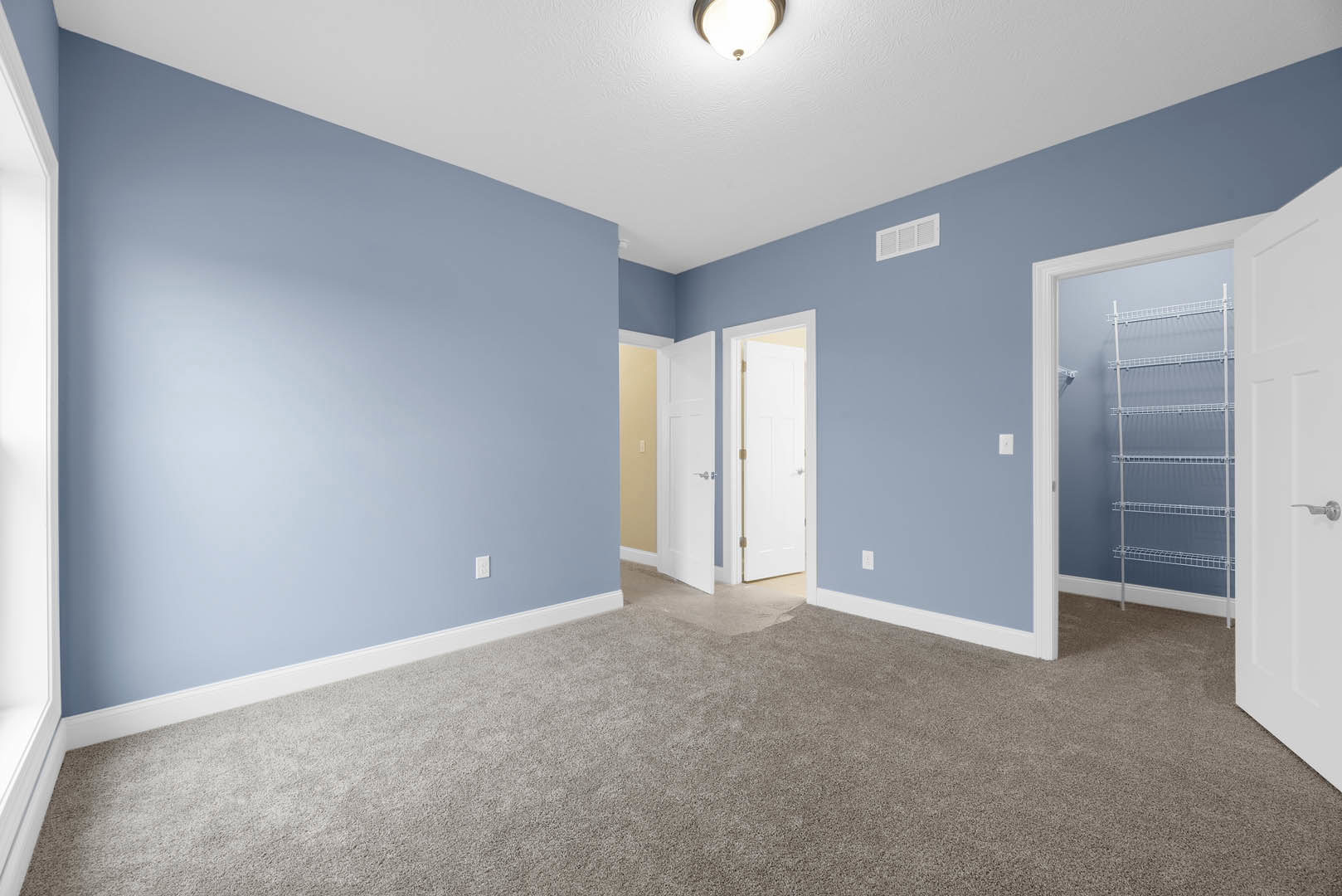 Blue-painted walls, white door with gold handle, white vent, white shelf, ceiling light fixture, carpeted floor with visible water leak.