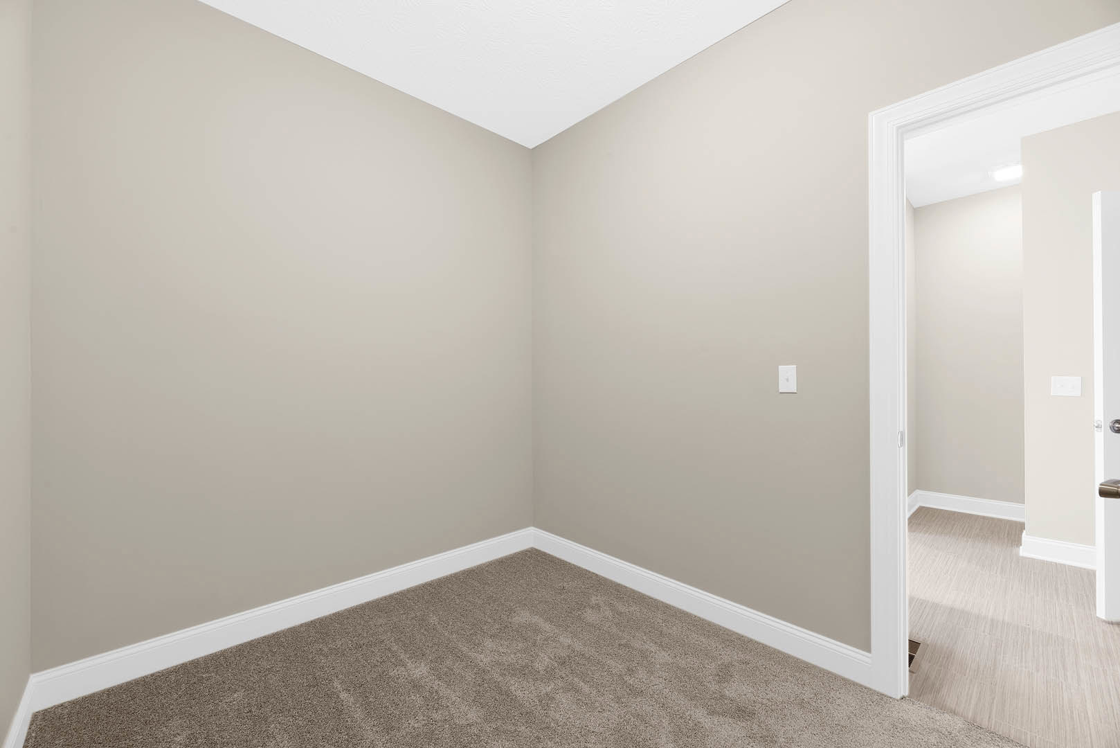 Corner of a room with white walls and ceiling, open doorway, light laminate flooring, and carpeted area visible through the door