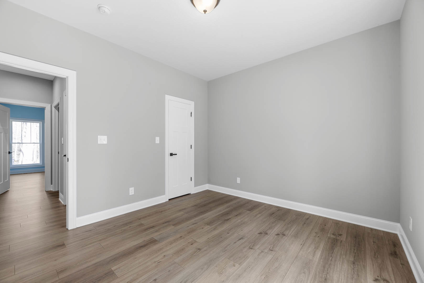 White door with black handle, wood laminate flooring, white-framed window with blue trim, plaster walls, ceiling light fixture