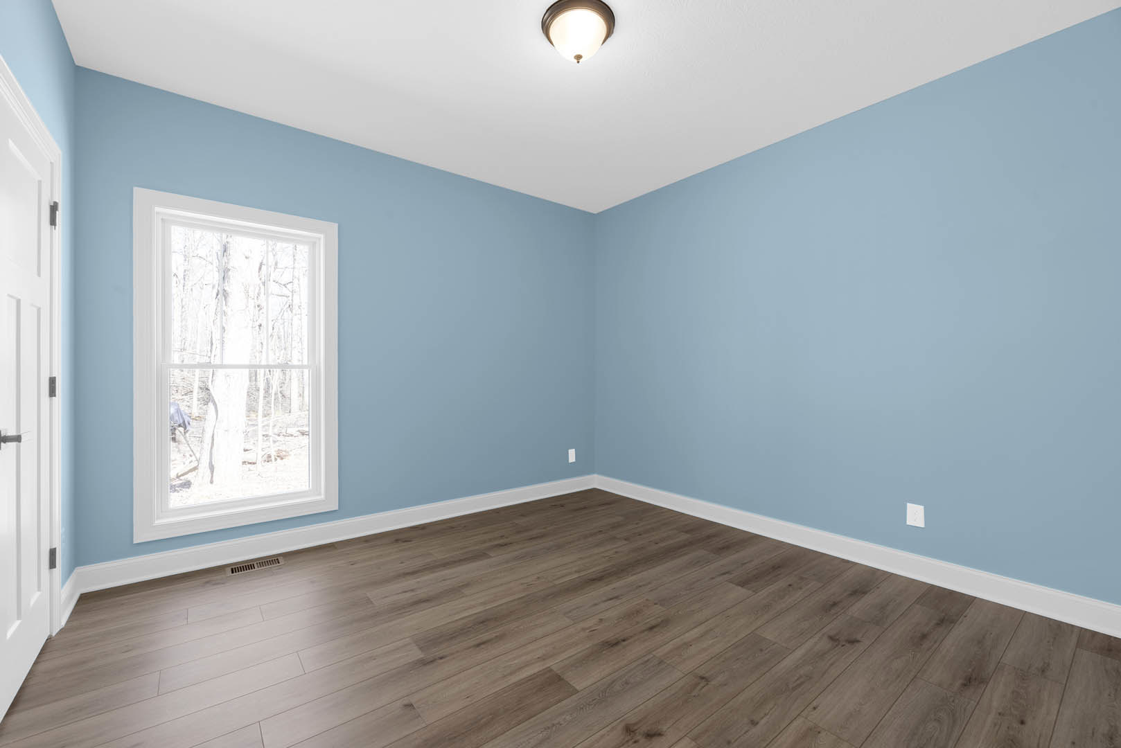 Sunlit room featuring wide plank wood flooring, large window overlooking forest, round ceiling light fixture, white door with metal hinge, and smooth plaster walls.