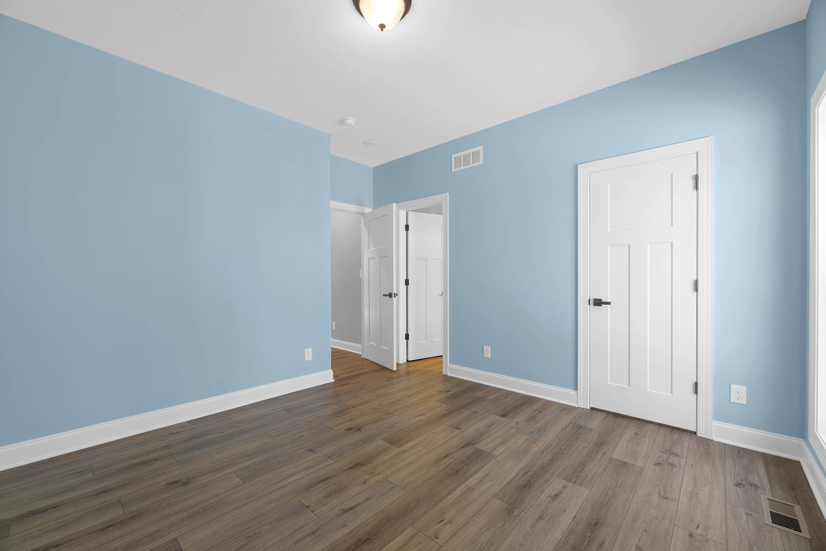 Blue-painted walls, two white doors with black and metal handles, hardwood flooring with white base trim, wall vent, close-up of a ceiling light fixture