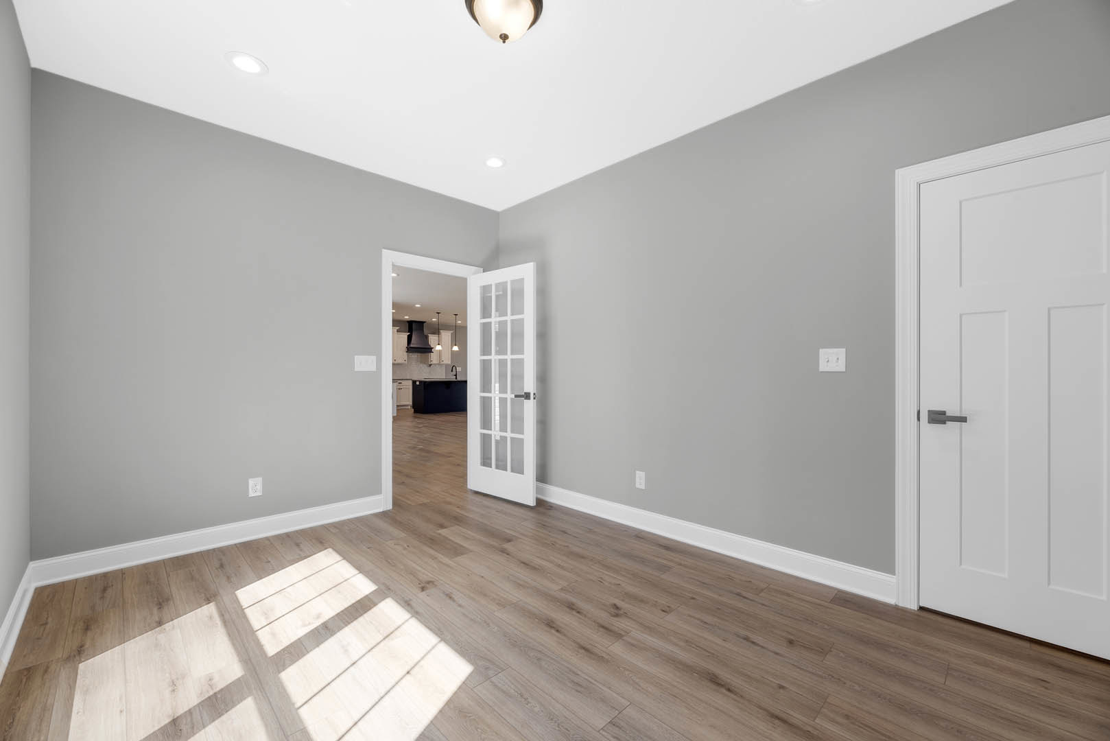 Open white door with black handle and glass panes, light-colored wood flooring, white walls, and wall outlet with two switches.