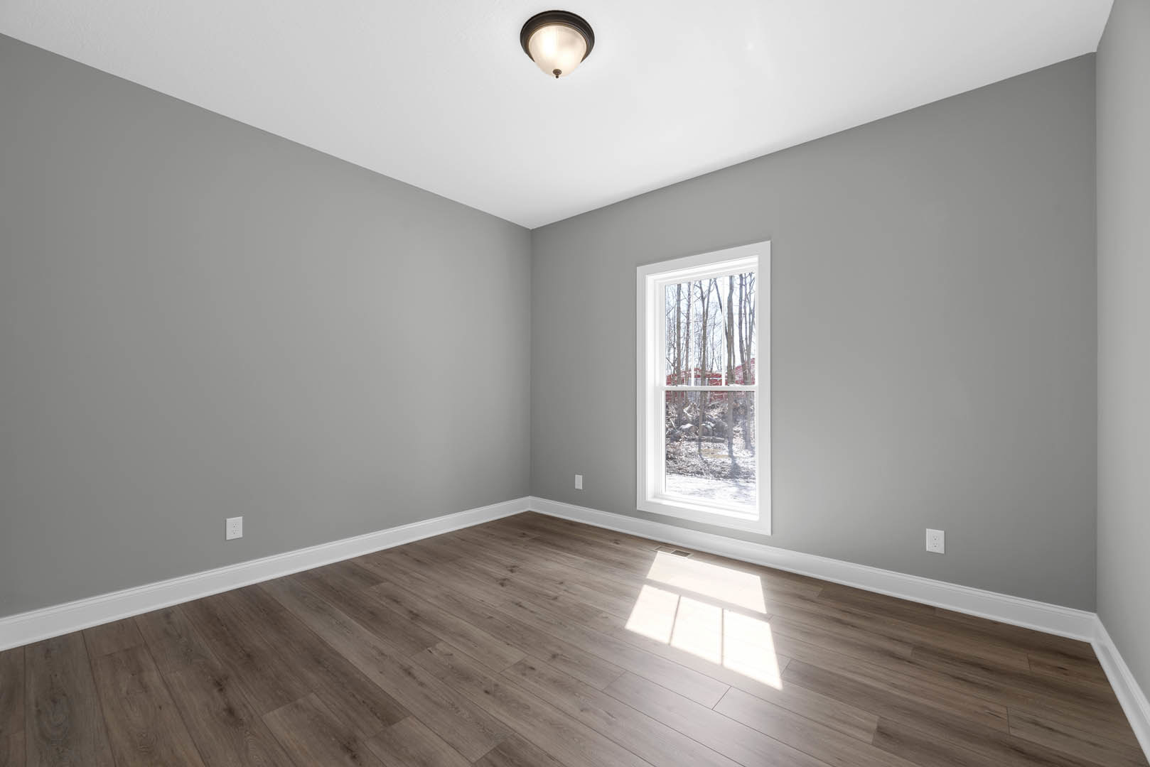 Sunlit room with wide window overlooking trees, smooth wood flooring, white plaster walls, ceiling light fixture, and decorative molding.