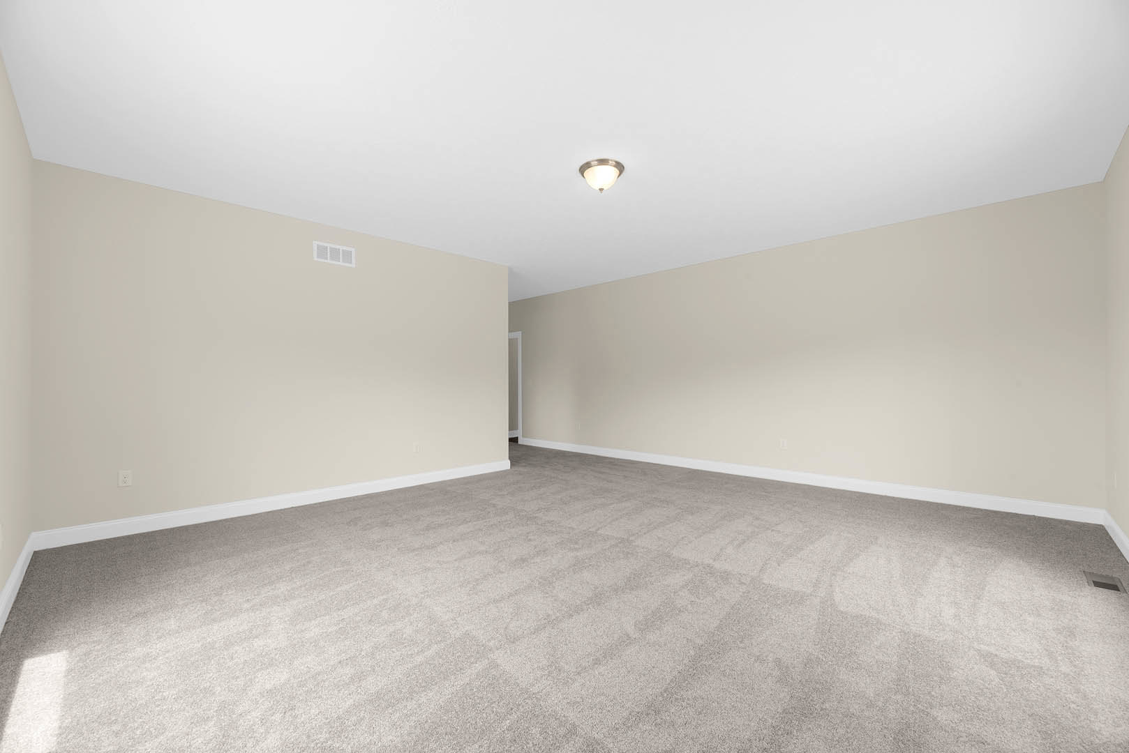Carpeted room with white walls and a ceiling-mounted light fixture