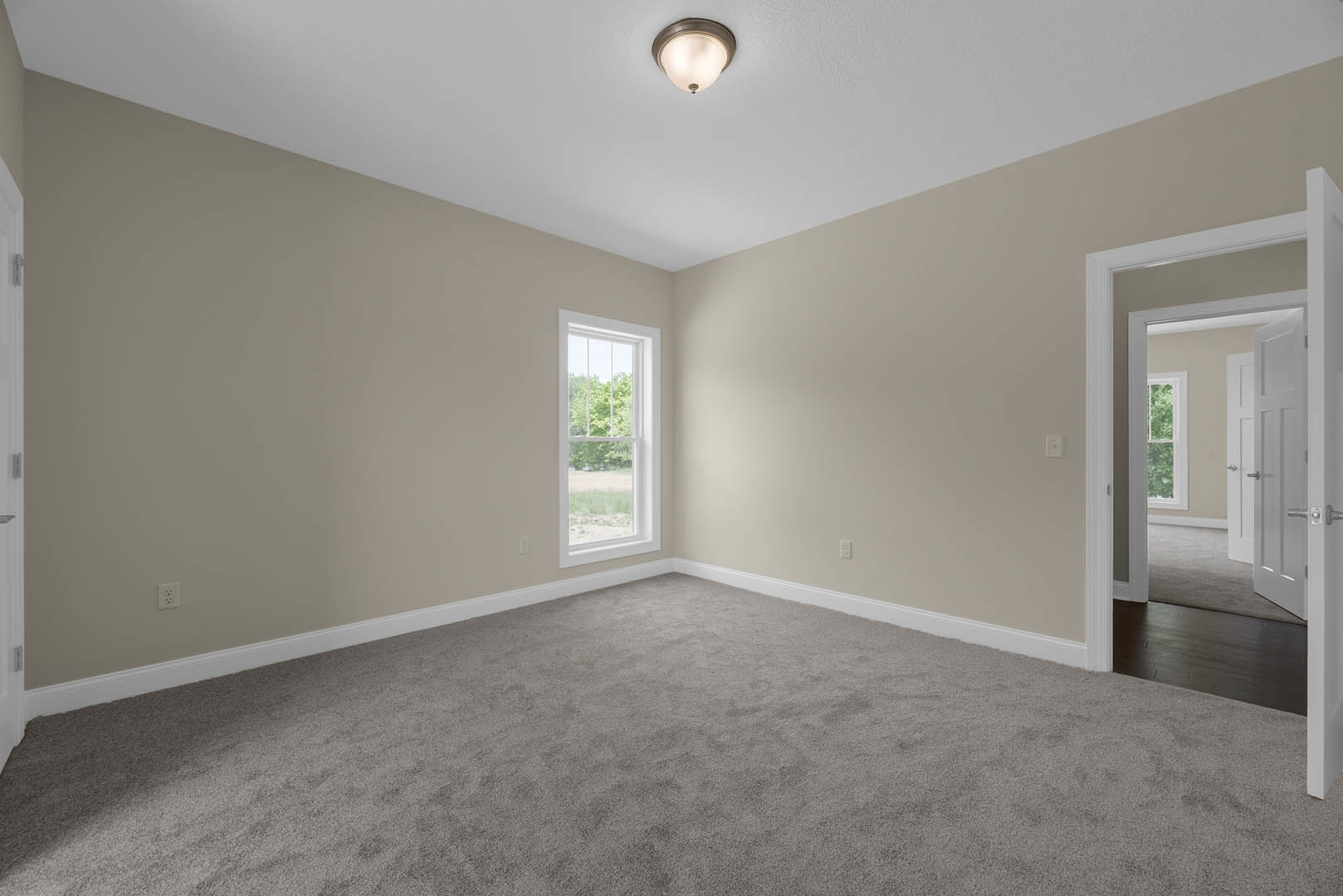 Carpeted room with white trim, white door and handle, window overlooking trees, ceiling-mounted light fixture