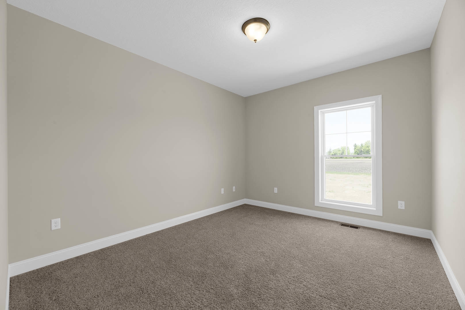 Carpeted room with white baseboards, large window showing trees outside, ceiling light fixture, neutral walls