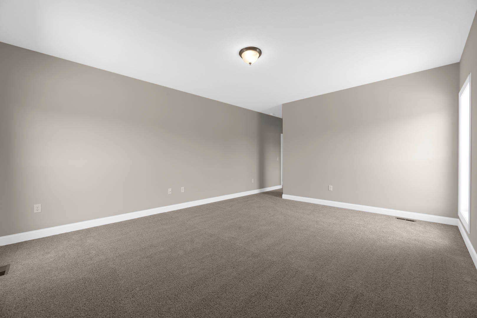 Carpeted room with white walls and trim, ceiling-mounted light fixture, and smooth plaster ceiling