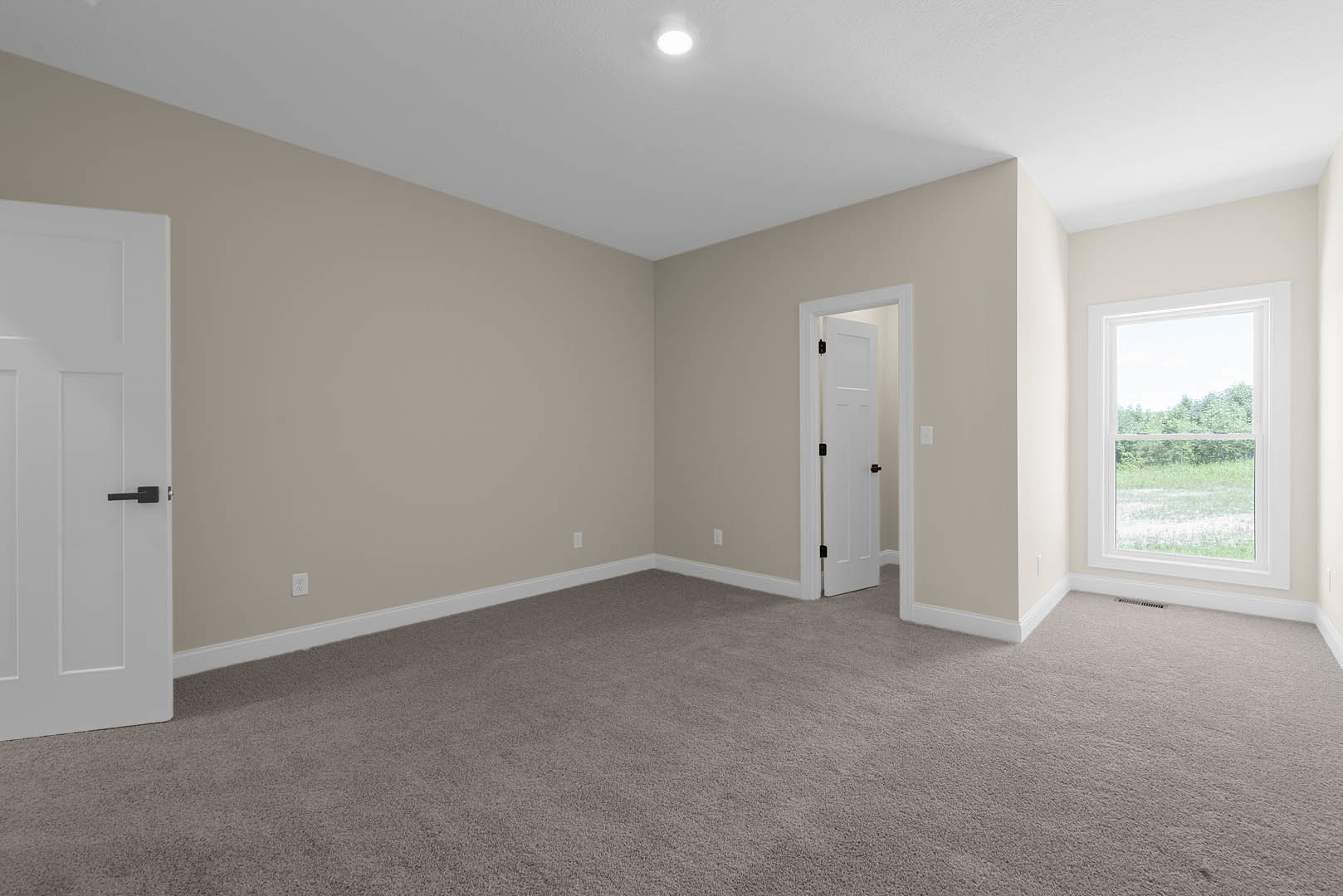 White paneled door with black handle, beige carpet flooring, large window with outdoor view, smooth white walls and ceiling