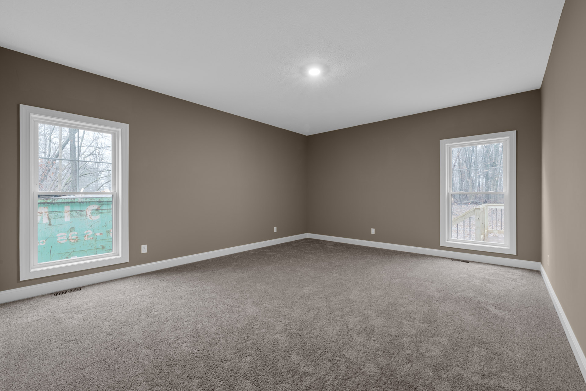 Carpeted room with white trim, multiple windows, ceiling light fixture, and exterior railing visible through window