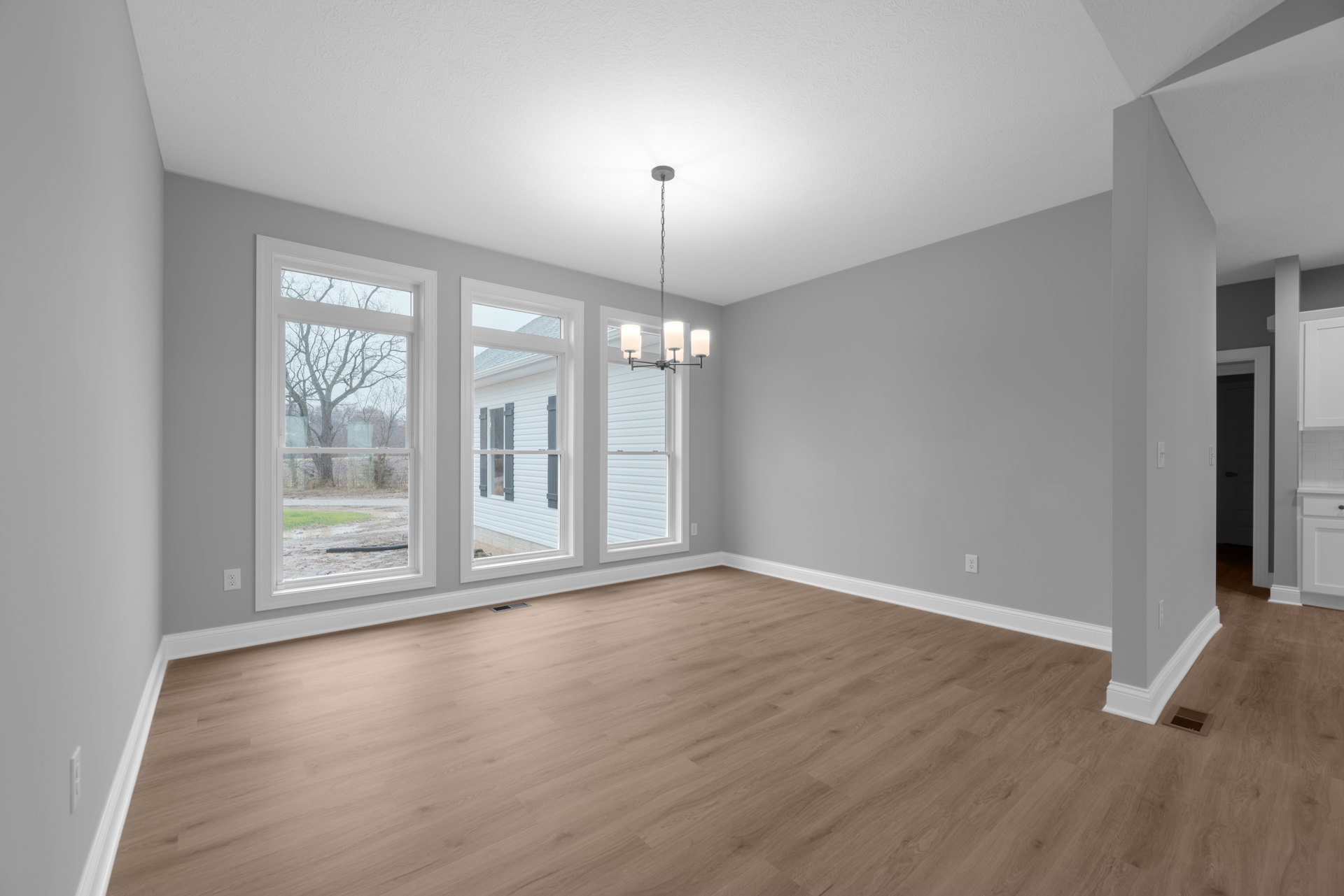 Wood flooring with a light brown finish, large windows overlooking a yard with trees, white plaster walls, and a ceiling-mounted light fixture