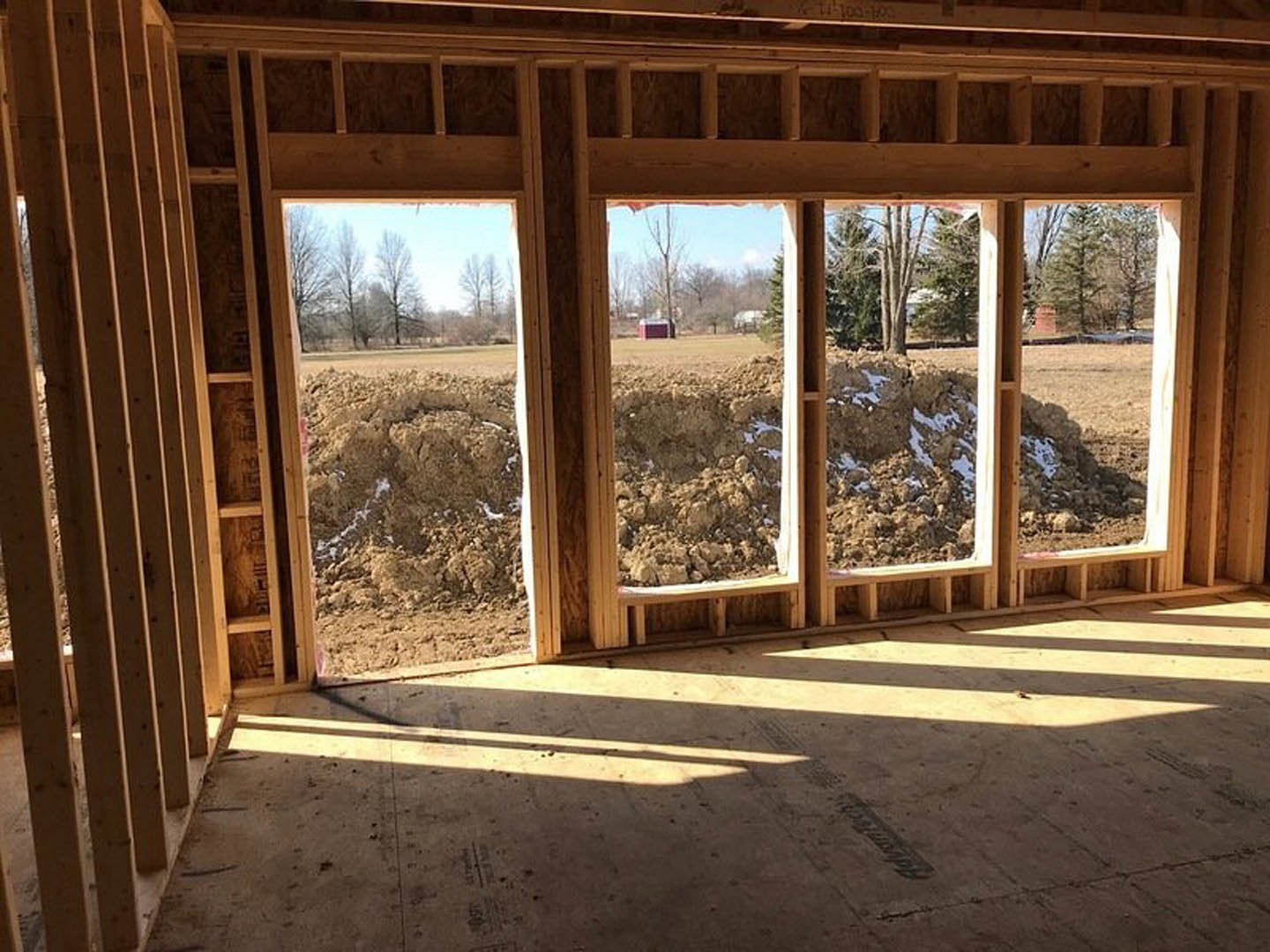 Sunlit room with unfinished concrete floor, large windows overlooking dirt yard and row of trees, wooden window frames and beams visible