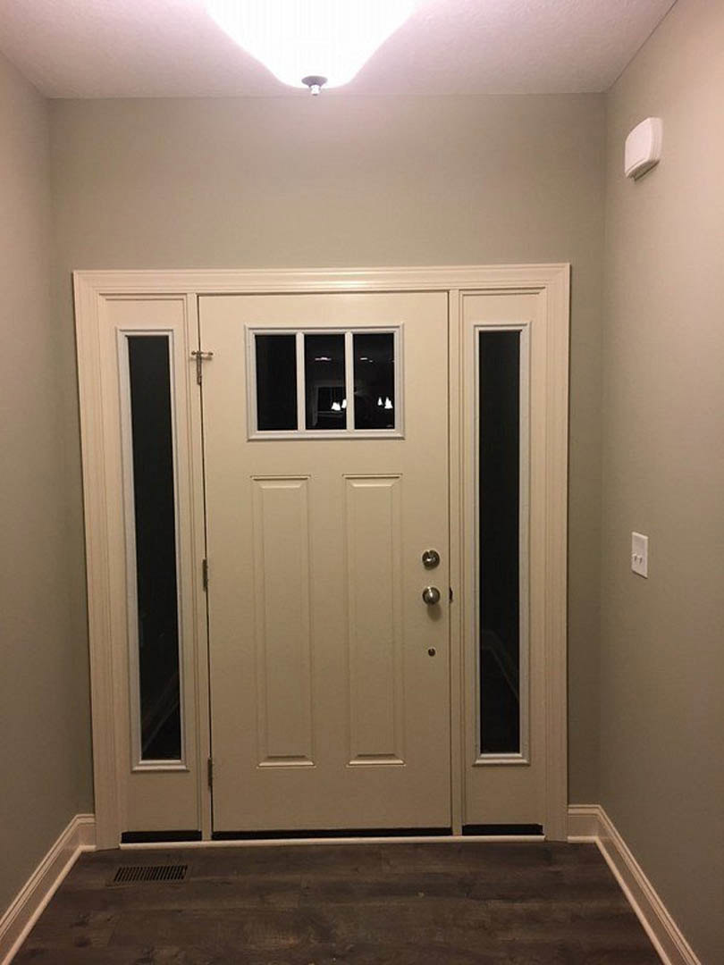 White paneled door with glass window inserts, brushed metal handle, light fixture on white ceiling, hardwood floor