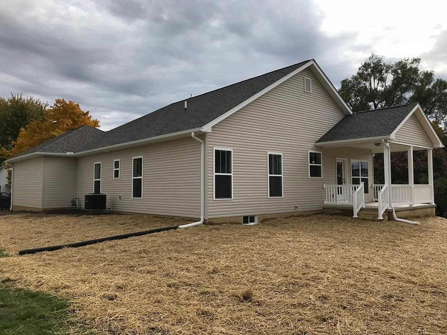 Two-story home with white siding, white railing on covered porch, rain gutter along roofline, windows with white frames, landscaped yard, cloudy sky overhead.