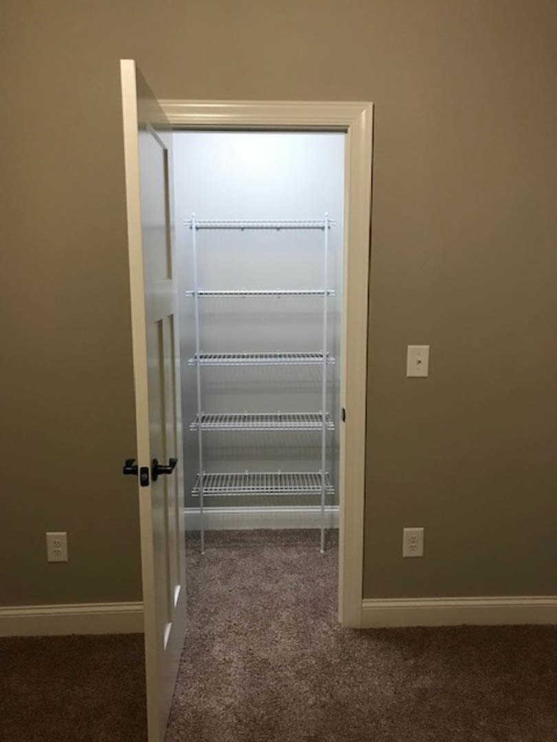 Open closet door revealing white shelves, white wall outlet with black circle, silver door handle, and beige carpet flooring