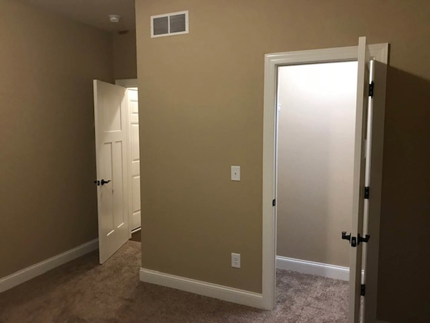 White paneled door with black handles open in a room, white framed window on adjacent wall, light plaster walls and hardwood flooring visible
