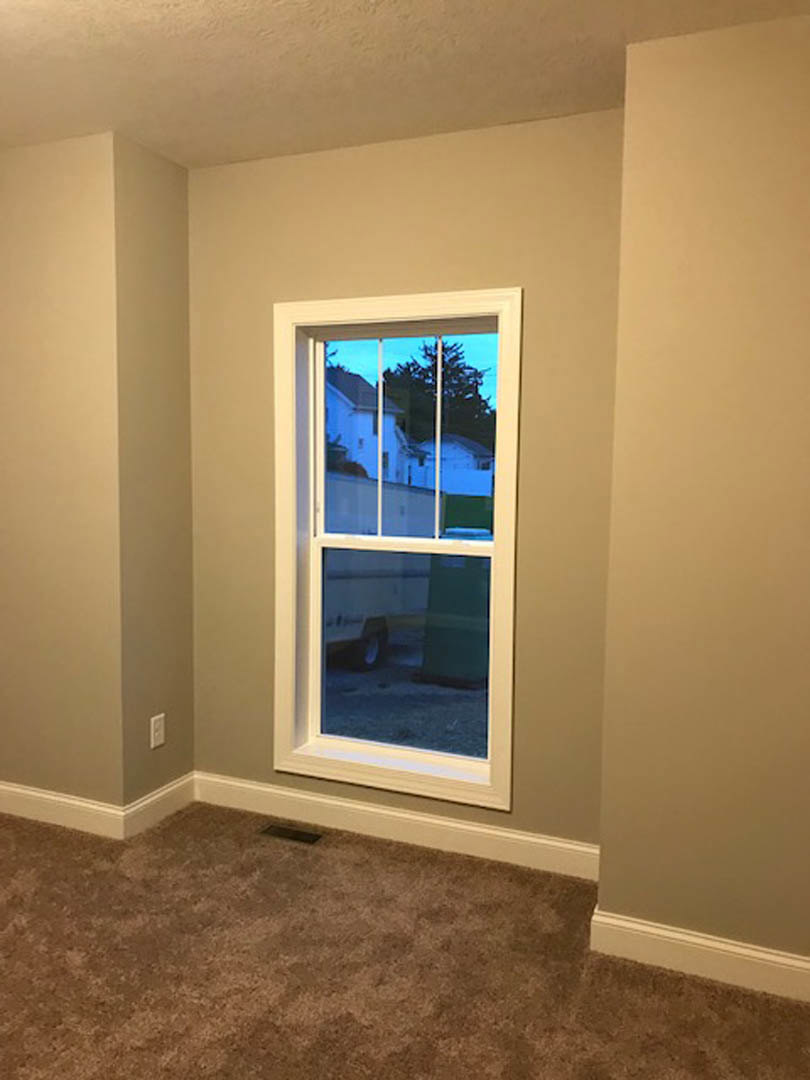 White-framed window set in a white wall, brown carpeted floor, view of tree and neighboring house outside