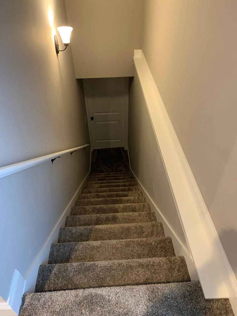 Carpeted staircase with white walls, black handrail, wall-mounted light fixture, and white door with black handle