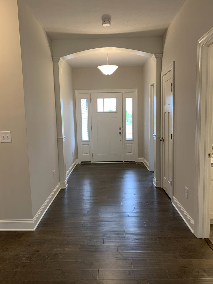 Hallway featuring dark wood floors, white trim, and a white door with glass window panels; overhead light fixture and plaster walls visible