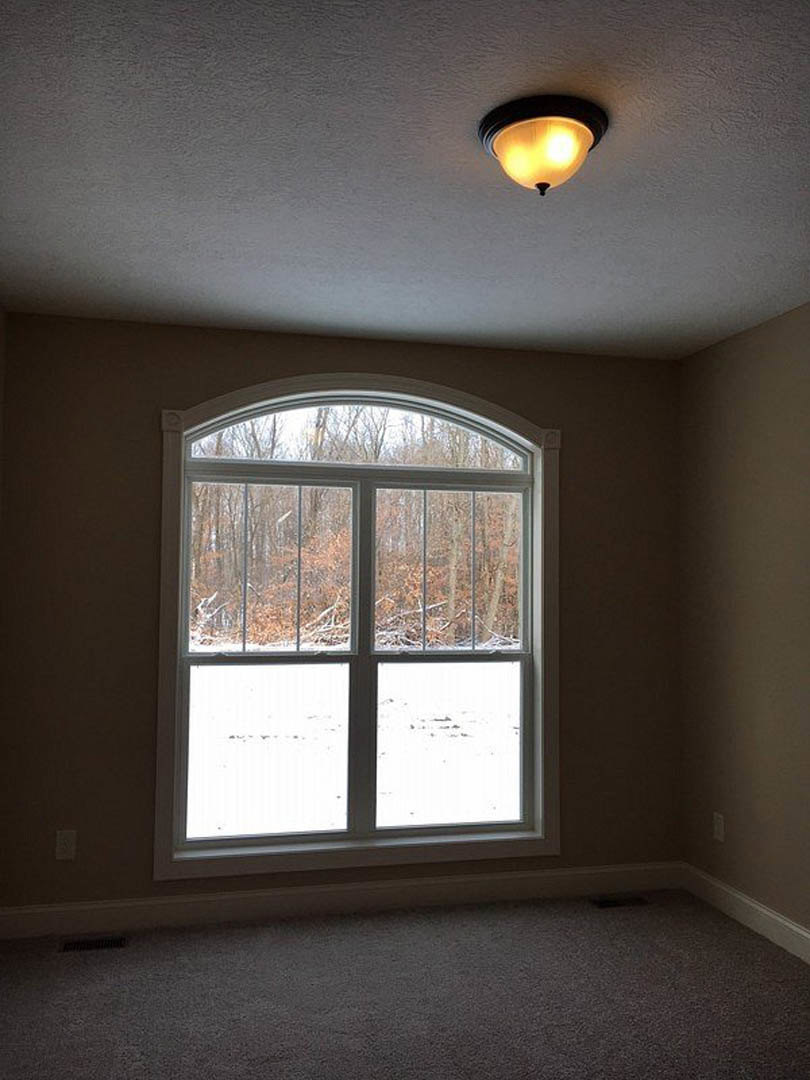 Large window with black border overlooks forest, ceiling-mounted light fixture, white plaster walls, beige carpet flooring, window blind partially drawn.
