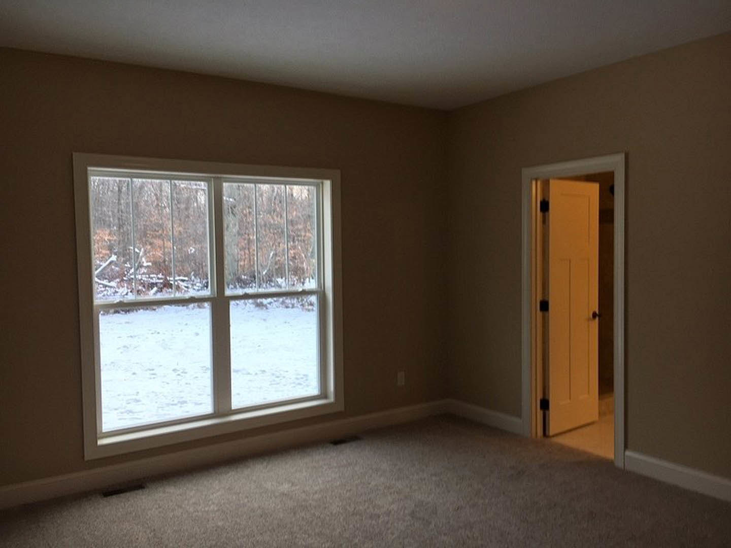 Living room with wide picture window, snow-covered landscape visible outside, open white door, beige carpet flooring, neutral walls, and window blinds partially drawn.
