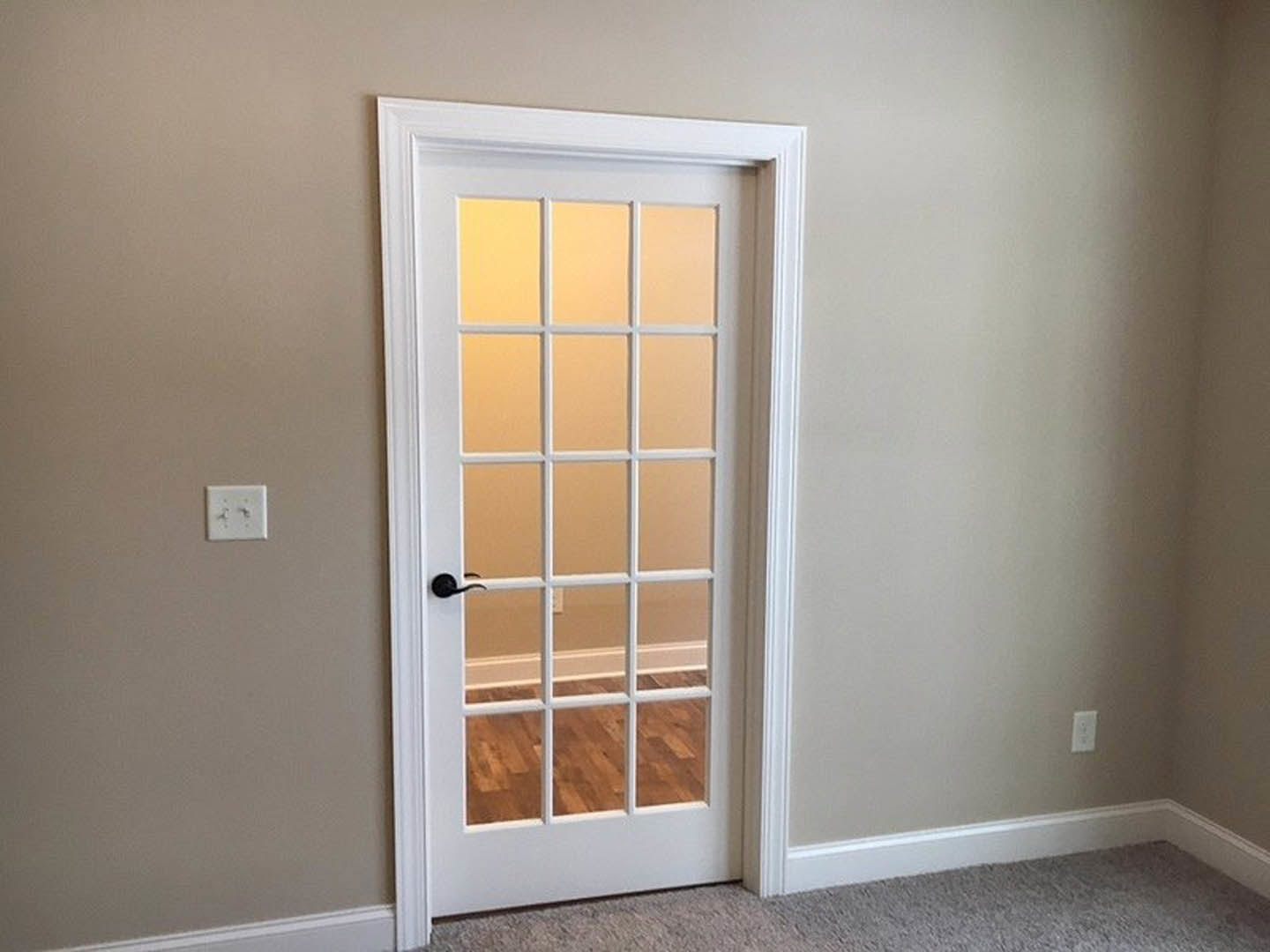 White door with glass panes, brushed metal handle, adjacent double light switch on pale wall, beige carpet flooring, window with wood trim and hardwood floor visible in background