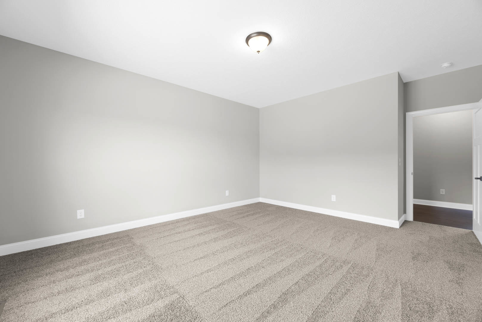 Carpeted room with white walls, ceiling-mounted light fixture, white door, and wood trim detail