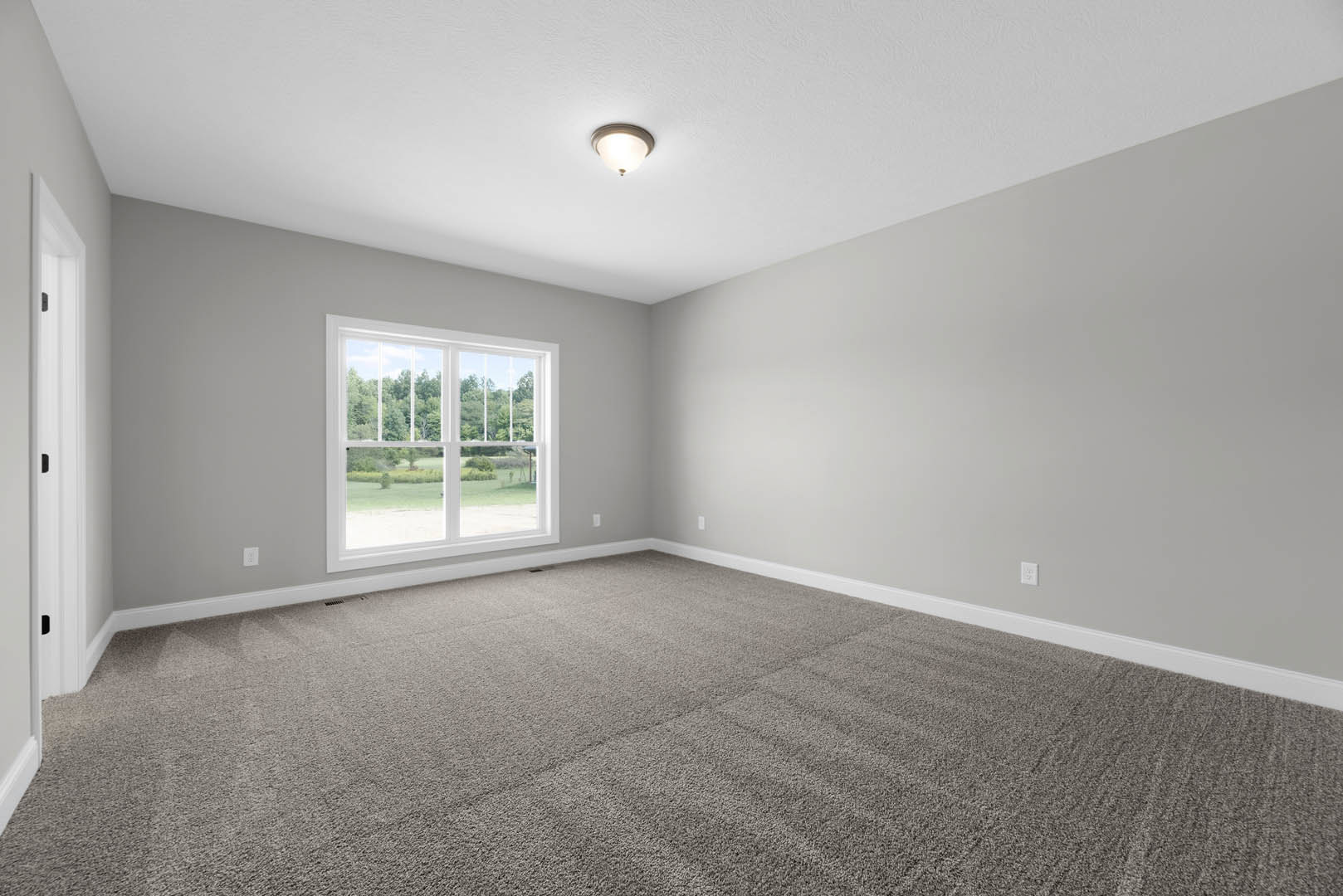 Carpeted bedroom with white walls, large window overlooking green trees, ceiling light fixture, and close-up of brushed metal door handle