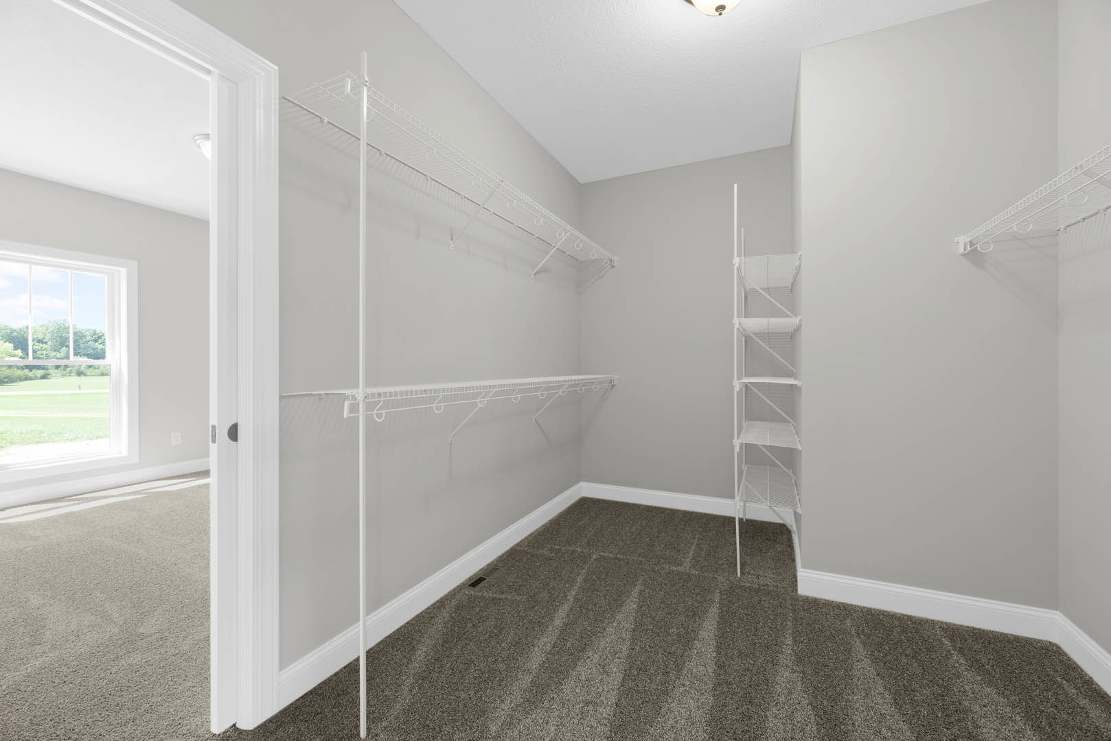 White wall with built-in shelves, carpeted floor, window overlooking grassy field, ladder leaning against wall