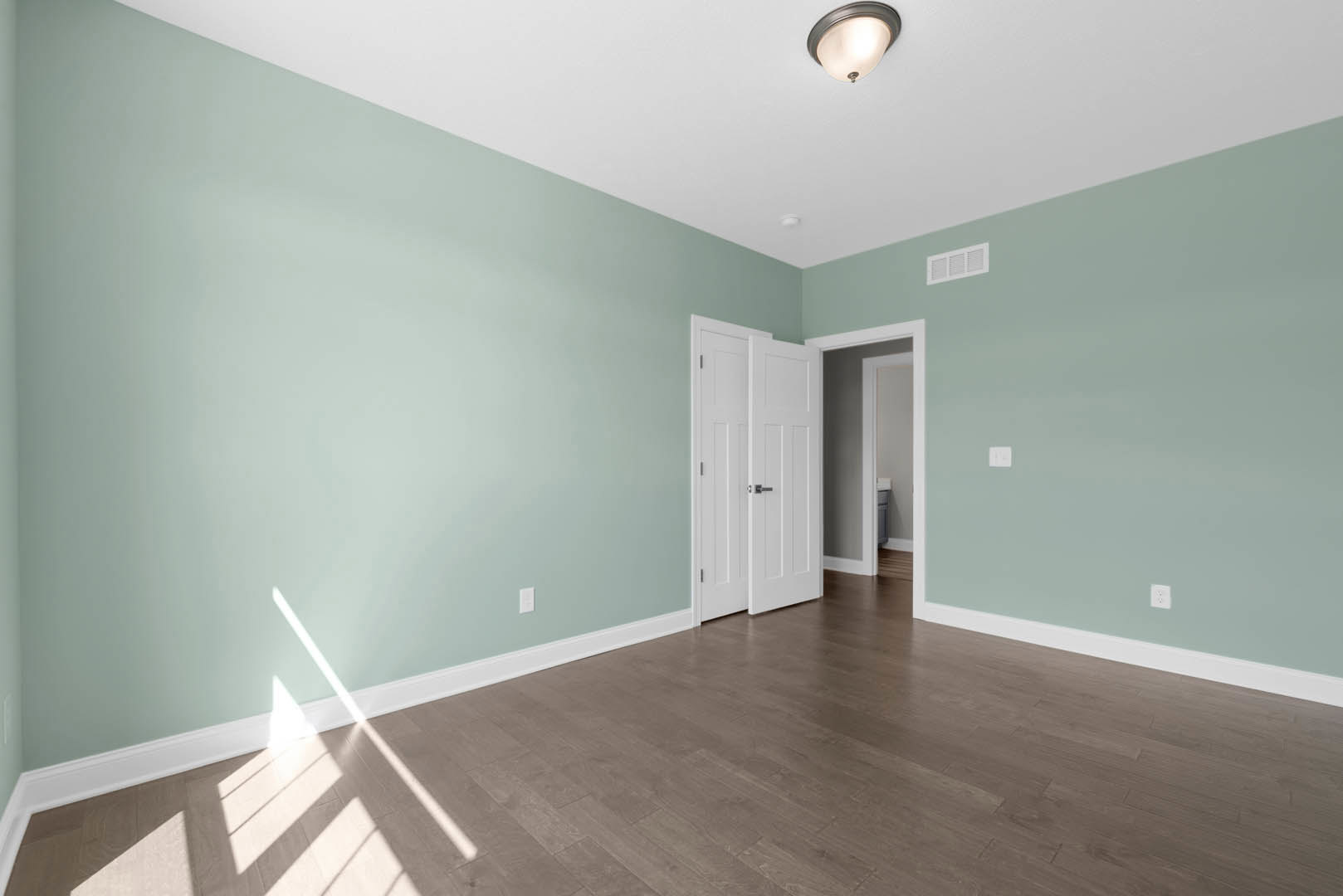 Light green walls, wood flooring, white door with black handle, white vent, white door frame, ceiling molding