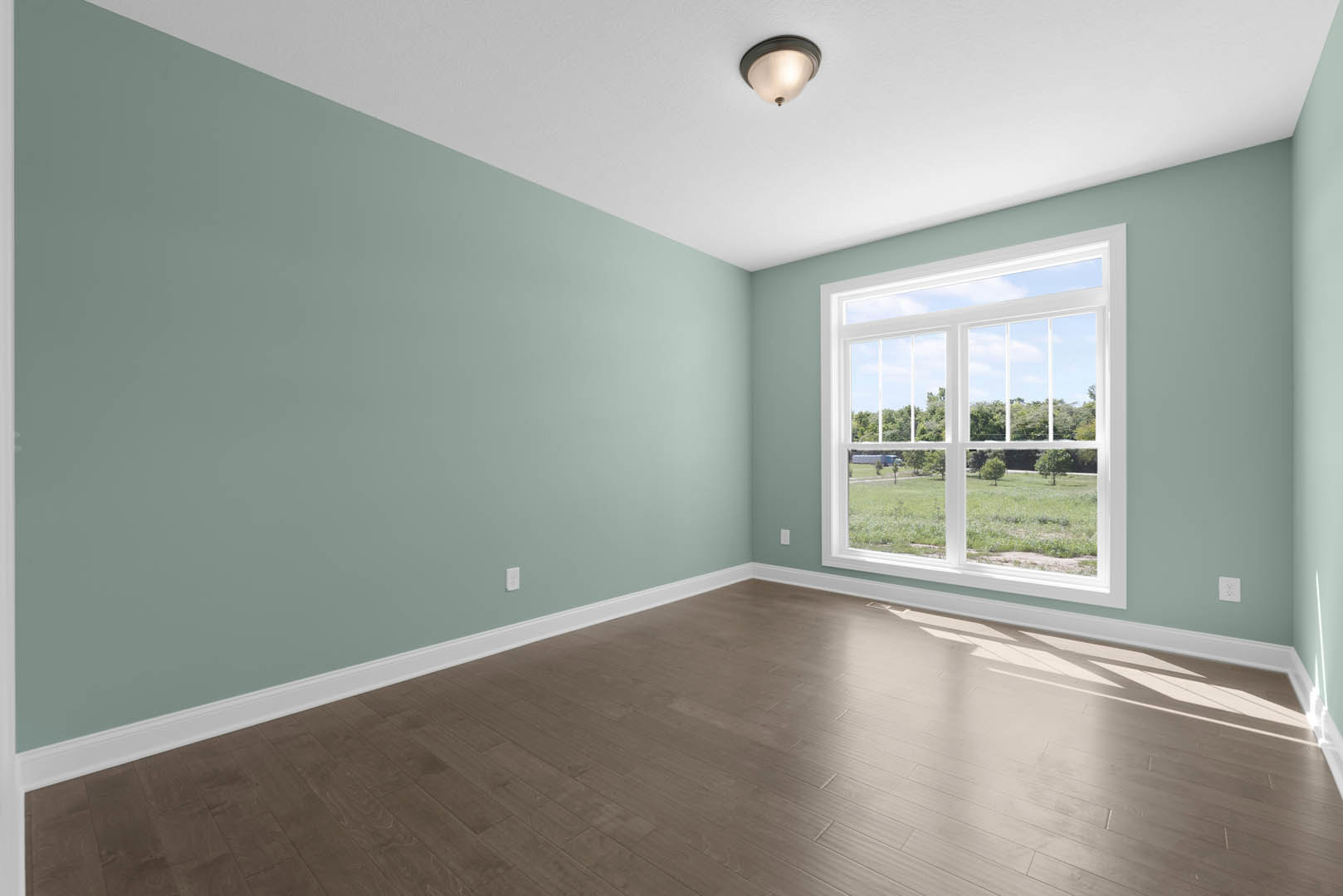 Wood flooring and white walls in a bright room with a large window overlooking a grassy field and trees, ceiling-mounted light fixture visible