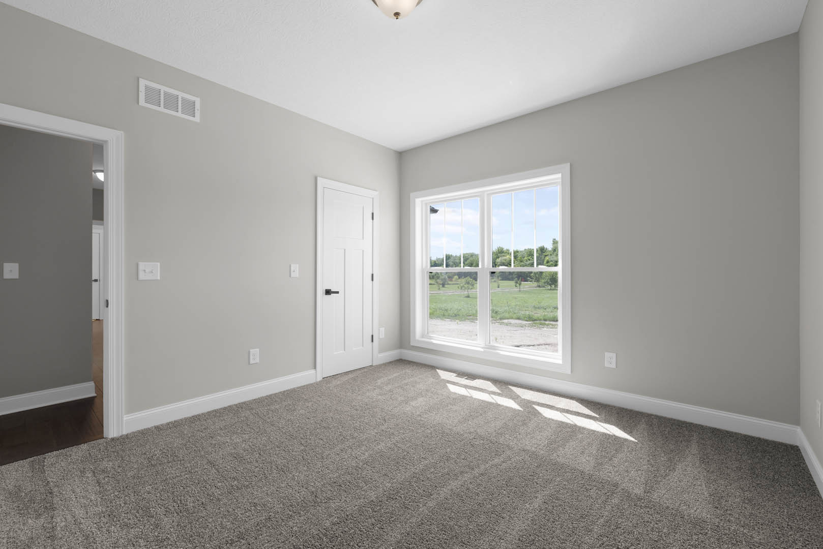 Carpeted room with grey walls, white door featuring a black handle, large window overlooking a grassy field, light switch on wall, white baseboard molding