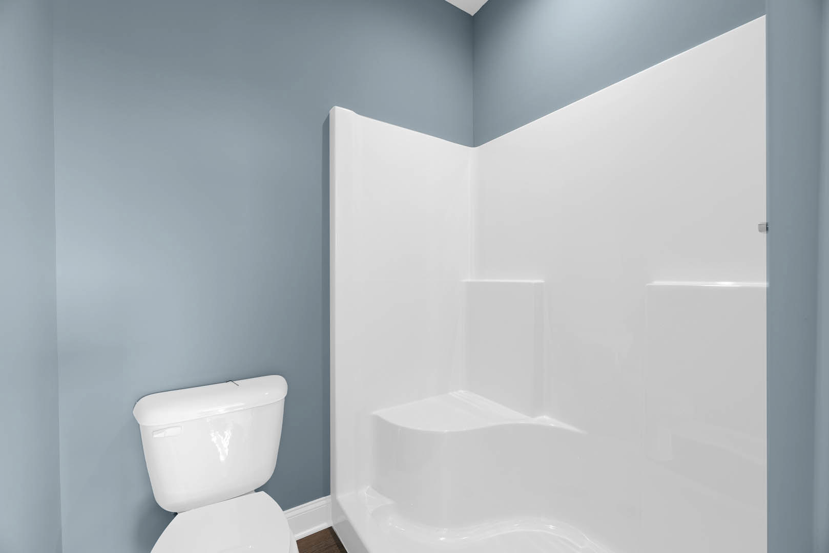 White toilet and shower against blue tile wall, white bathtub with smooth surface, modern plumbing fixtures in a residential bathroom.